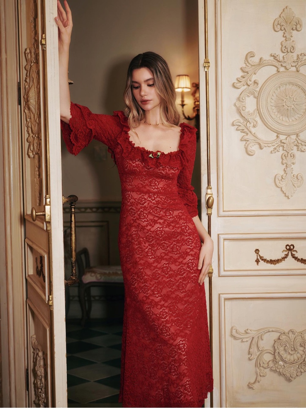 American Heiress Red Lace Ruffle Midi Dress XS Romantic Cottagecore
